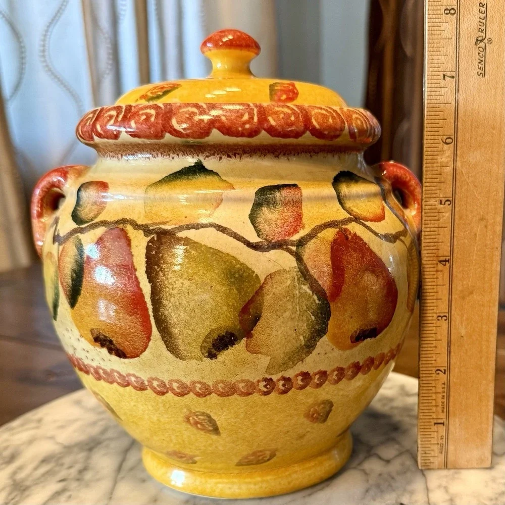 2pc VTG 90s Williams-Sonoma Tuscan Pear Kitchen Canister Set Hand Painted Italy